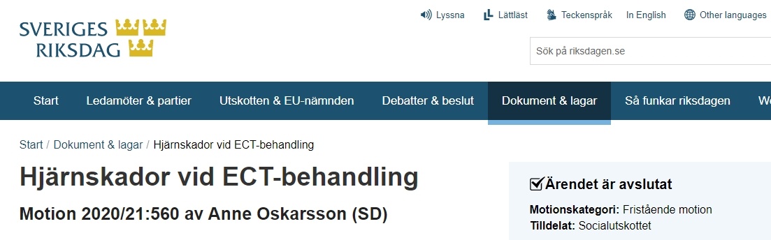 Motion från riksdagsledamot angående hjärnskador från psykiatrins ECT-behandling